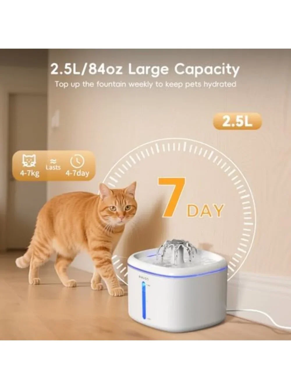 Ultra Quiet 2.5L Cat Water Fountain with LED Light - Pet Drinking Fountain for